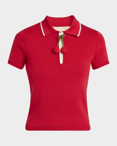 Valentino Garavani Crochet Cherry Short-Sleeve Cotton Polo Shirt