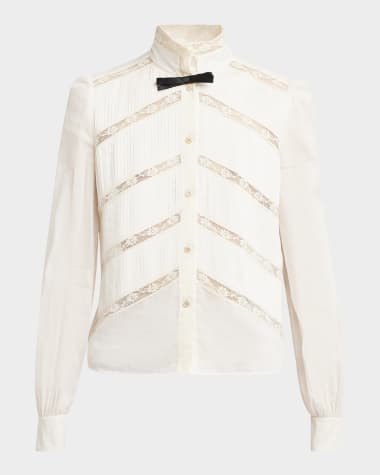 Valentino Garavani Lace-Inset Pintuck Cotton Blouse