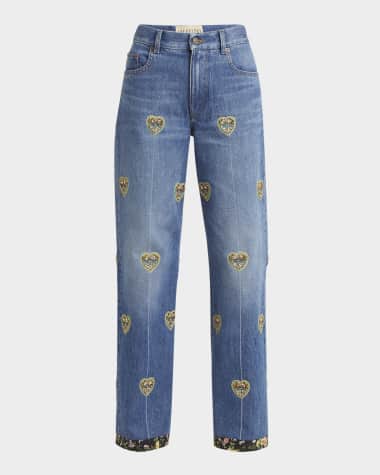 Valentino Garavani Embroidered Heart Denim Pants with Floral Boarder
