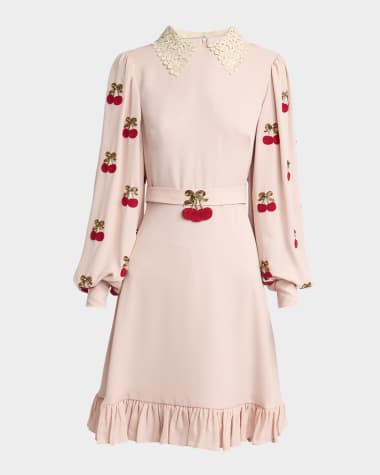Valentino Garavani Cherry Embroidered Georgette Balloon-Sleeve Mini Dress