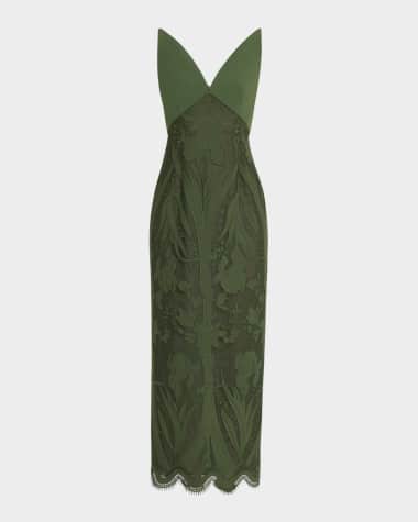 Lela Rose V-Neck Lace Empire-Waist Maxi Dress