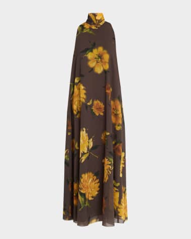 Lela Rose Floral Sleeveless Tie-Neck Maxi Dress