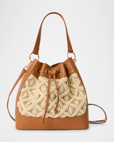 BTB Los Angeles Lotus Drawstring Raffia and Leather Bucket Bag