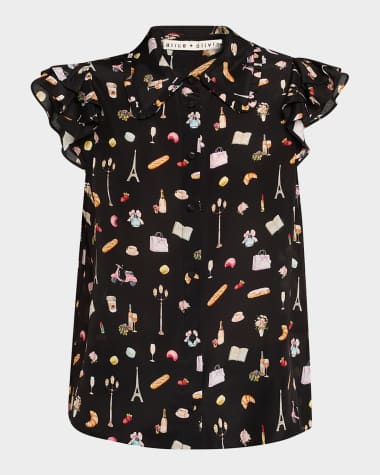 Alice + Olivia Martel Flutter-Sleeve Blouse