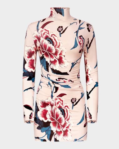 Diane von Furstenberg Lucy Pleated Floral-Print Bodycon Mini Dress