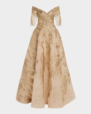 Monique Lhuillier Metallic Embroidered Off-The-Shoulder Ball Gown