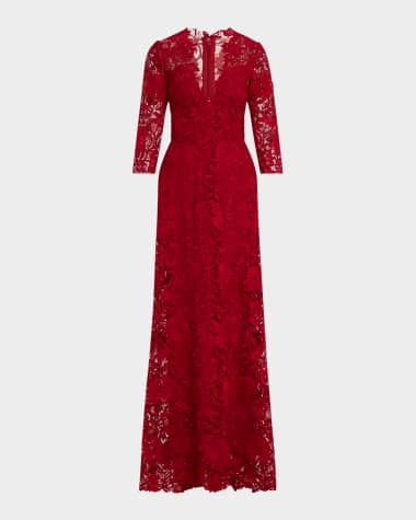 Monique Lhuillier Plunging 3/4-Sleeve Guipure Lace Gown