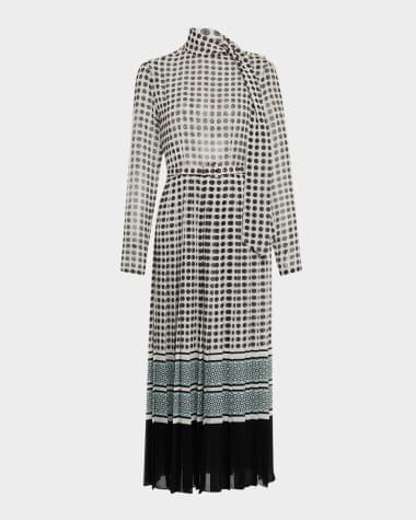 Monique Lhuillier Scarf-Neck Pleated Midi Day Dress With Belt