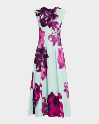 Monique Lhuillier Electric Floral Print Poplin Pleated Midi Dress