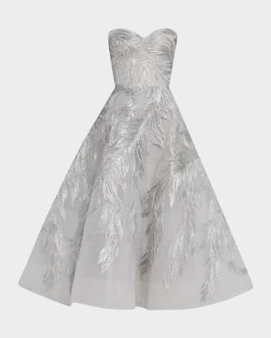 Monique Lhuillier Strapless Metallic Embroidered Tea-Length Cocktail Dress