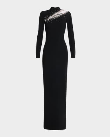 Pamella Roland Beaded Cutout Long-Sleeve Black Crepe Gown