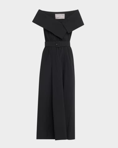 Lela Rose Asymmetric Cuff Belted Cotton Poplin Midi Dress