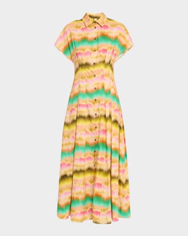 Lela Rose Sunset Pleated Short-Sleeve Midi Shirtdress