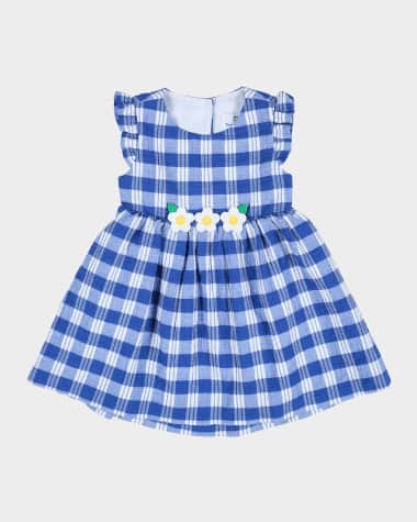 Florence Eiseman Girl's Plaid-Print Seersucker Dress W/ Floral Appliques, Size 2-6