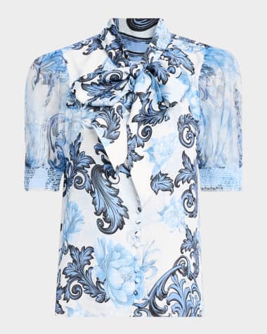 Alice + Olivia Scroll Symphony Brentley Tie-Neck Top