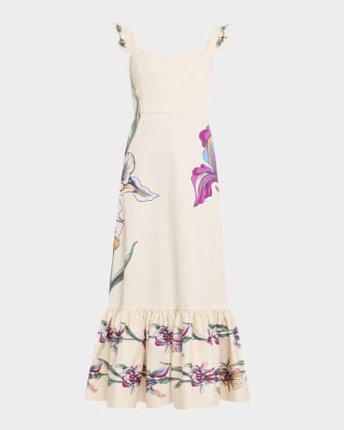 La DoubleJ Gingerbread Floral Ruffle Sleeveless Midi Dress