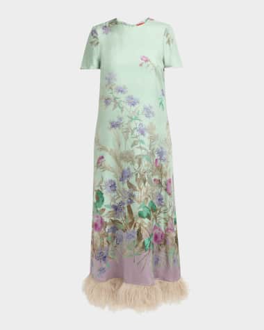 La DoubleJ Floral Feather-Trim Maxi Swing Dress