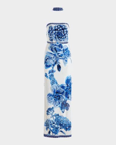 Alice + Olivia Georgie Embellished Strapless High Slit Gown with Collar