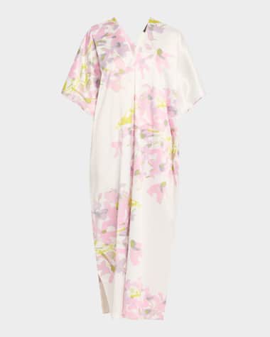 Natori Sumi-E Floral-Print Charmeuse Midi Caftan