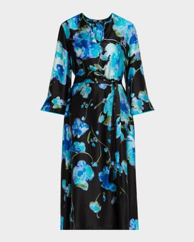 Josie Natori Sakura Matsuri Floral-Print Silk Midi Dress