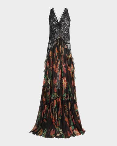 Etro Mixed-Media V-Neck Lace Backless Gown