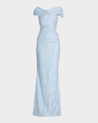 Rickie Freeman for Teri Jon Off-Shoulder Metallic Jacquard Column Gown