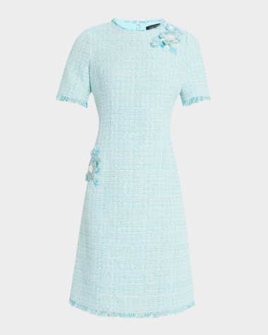 Rickie Freeman for Teri Jon Fringe-Trim Floral Applique Tweed Dress