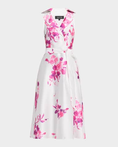Rickie Freeman for Teri Jon Sleeveless Floral-Print Pique Midi Shirtdress