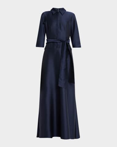 Rickie Freeman for Teri Jon 3/4-Sleeve Drop Waist Mikado Shirt Gown