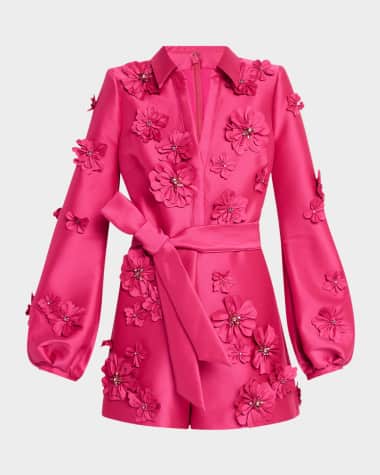 Badgley Mischka Collection Blouson-Sleeve Floral Applique Romper