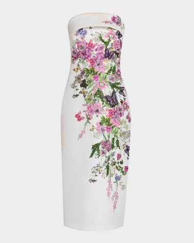 Badgley Mischka Collection Strapless Floral-Print Applique Midi Dress