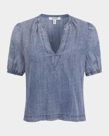 Splendid Cayden Embroidered Puff-Sleeve Blouse
