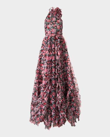 Carolina Herrera Corsage Halter Floral Ruffle Gown