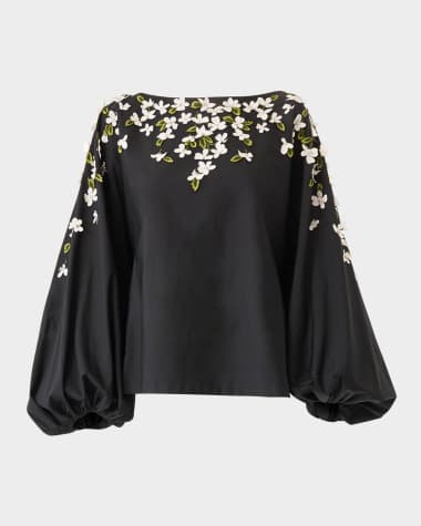 Carolina Herrera Boat-Neck Floral Embroidered Balloon-Sleeve Top