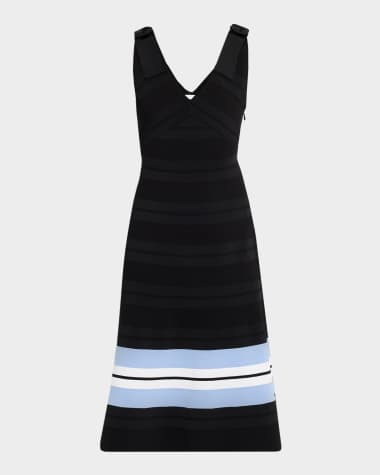 Carolina Herrera V-Neck Bow-Shoulder Fit-&-Flare Midi Dress