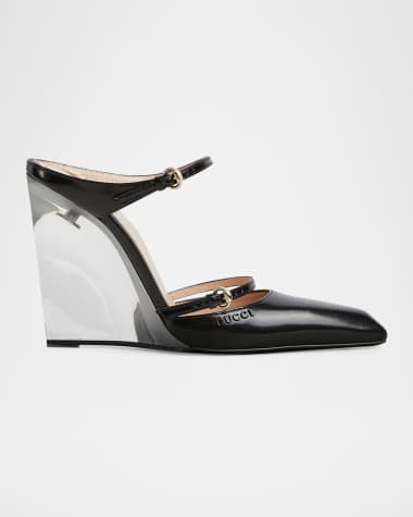 Gucci Christy Regent Leather Lucite Wedge Mules
