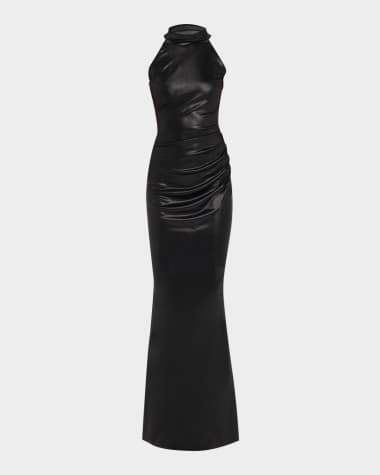 Chiara Boni La Petite Robe Hudrix Draped Mock-Neck Halter Column Gown