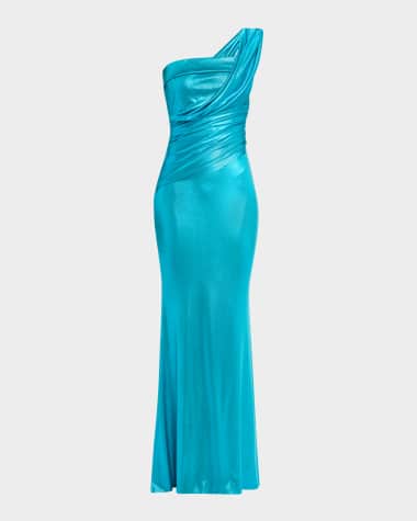 Chiara Boni La Petite Robe Ruched One-Shoulder Shimmer Column Gown