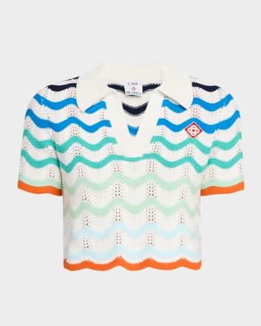 CASABLANCA Wavy Crochet Crop Polo Top