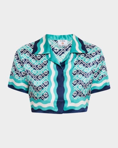 CASABLANCA Wavy Monogram Print Silk Crop Camp Shirt
