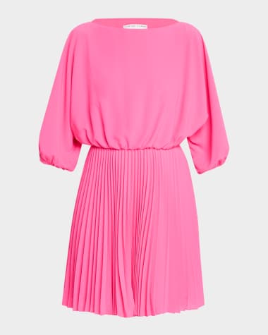 Trina Turk Triples Pleated Blouson-Sleeve Mini Dress