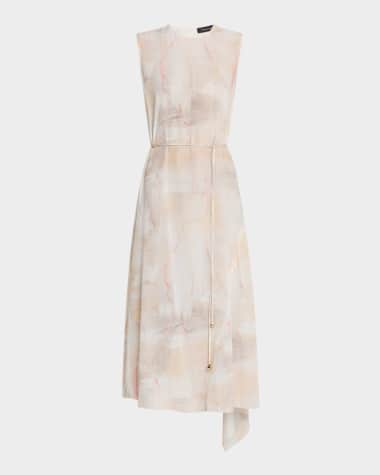 FABIANA FILIPPI Drawstring Abstract-Print Silk Cady Midi Dress