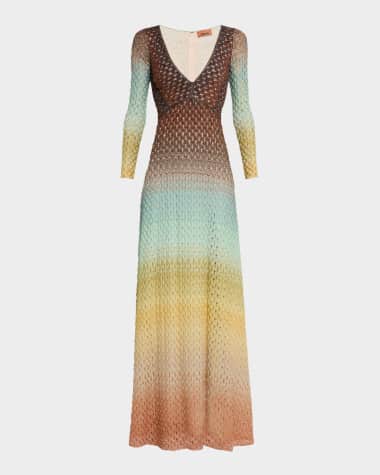 Missoni Plunging Metallic Ombre Knit Long-Sleeve Maxi Dress