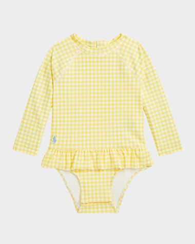 Ralph Lauren Childrenswear Girl's Gingham-Print Ruffle Rashguard, Size 3M-24M
