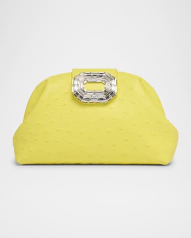 Amina Muaddi Camelia Ostrich-Embossed Leather Clutch Bag