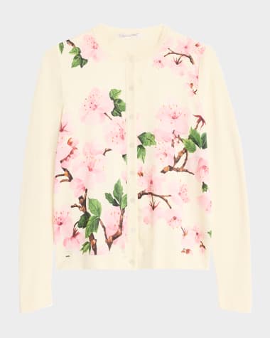 Oscar de la Renta Cherry Blossom Silk Insert Crewneck Cardigan