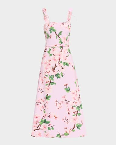 Oscar de la Renta Cherry Blossom Poplin Bow Midi Dress With Belt