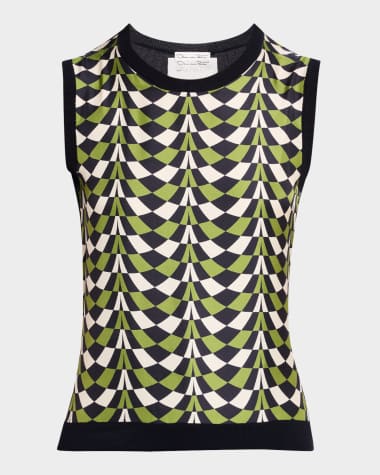 Oscar de la Renta Geo Print Silk Insert Knit Tank Top