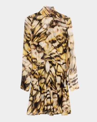 Oscar de la Renta Long-Sleeve Butterfly Chiffon Mini Dress