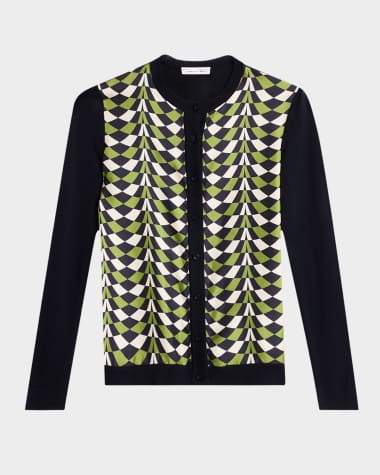 Oscar de la Renta Geo-Print Silk Insert Crewneck Cardigan